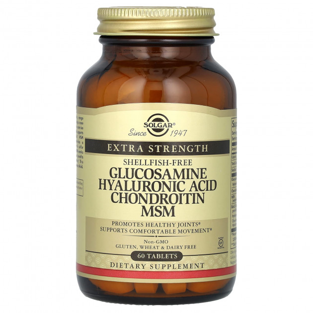 Глюкозамін, гіалуронова кислота, хондроїтин, МСМ, Glucosamine Hyaluronic Acid Chondroitin MSM, Solgar, 60 таблеток