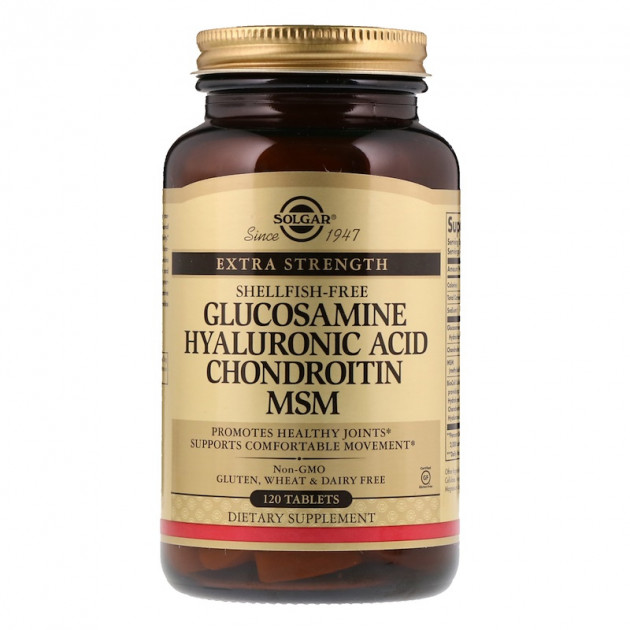 Глюкозамін, Гіалуронова, Хондроитин, МСМ, Glucosamine Hyaluronic Acid Chondroitin MSM, Solgar, 120 таблеток