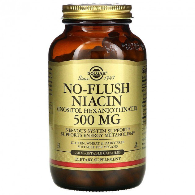 Ніацин, No-Flush Niacin, Solgar, не викликаючий почервоніння, 500 мг, 250 вегетаріанських капсул