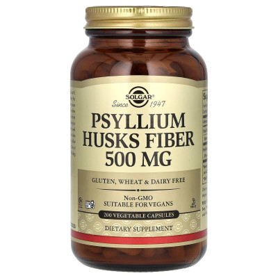 Подорожник, Psyllium Husks Fiber, Solgar, клітковина лушпиння, 500 мг, 200 вегетаріанських капсул