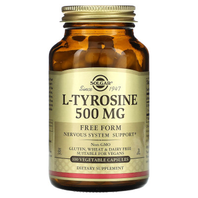 Тирозин, L-Tyrosine, Solgar, 500 мг, 100 вегетаріанських капсул