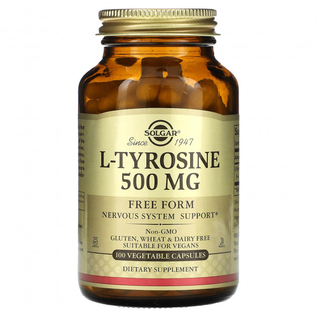 Тирозин, L-Tyrosine, Solgar, 500 мг, 100 вегетаріанських капсул