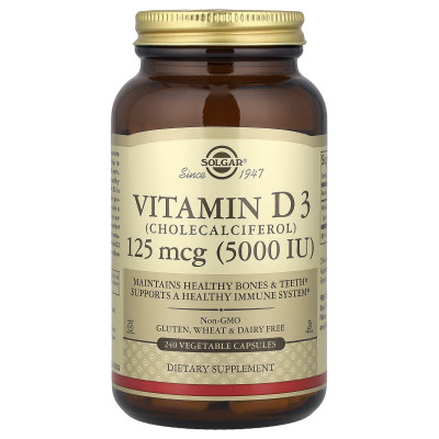 Вітамін D3 (холекальциферол), Vitamin D3, Solgar, 125 мкг (5000 МО), 240 вегетаріанських капсул
