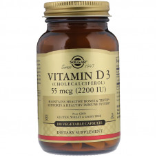 Вітамін D3 (холекальциферол), Vitamin D3, Solgar, 55 мкг (2200 МО), 100 вегетаріанських капсул