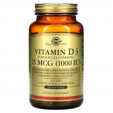 Вітамін D3 (холекальциферол), Vitamin D3, Solgar, 25 мкг (1000 МО), 250 гелевих капсул