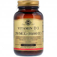Вітамін D3 (холекальциферол), Vitamin D3 (Cholecalciferol), Solgar, 250 мкг (10000 МО), 120 гелевих капсул