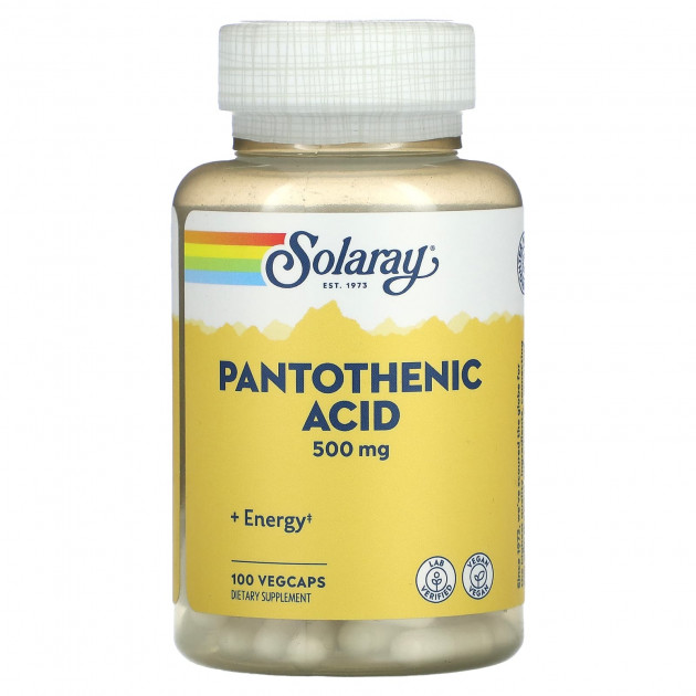 Пантотенова кислота, Pantothenic Acid, Solaray, 500 мг, 100 вегетаріанських капсул
