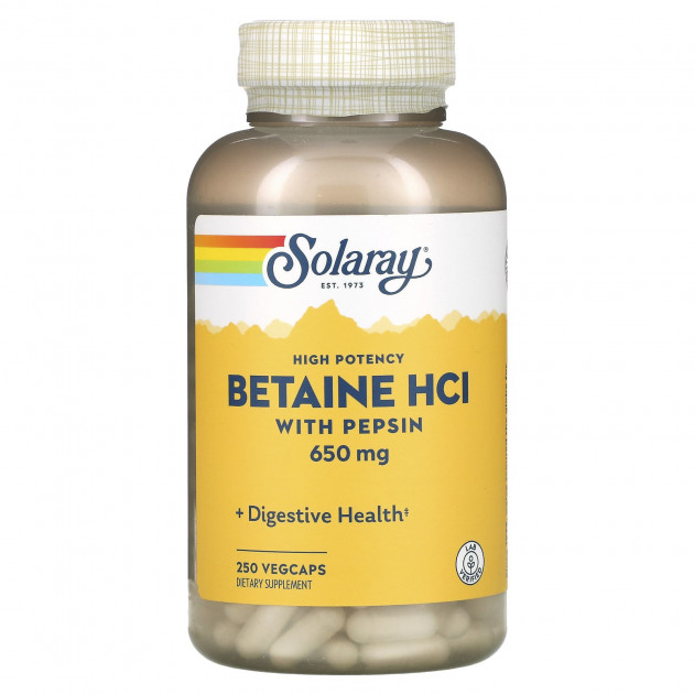 Бетаїн HCl + пепсин, HCL with Pepsin, Solaray, високоефективний, 650 мг, 250 вегетаріанських капсул