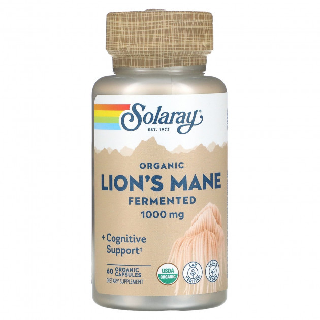Їжовик гребінчастий, Lion's Mane, Solaray, органік, ферментований, 1000 мг, 60 органічних капсул (500 мг у капсулі)