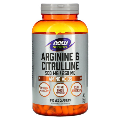 Аргінін та цитрулін, Arginine & Citrulline, Now Foods, Sports, 500 мг/250 мг, 240 вегетаріанських капсул