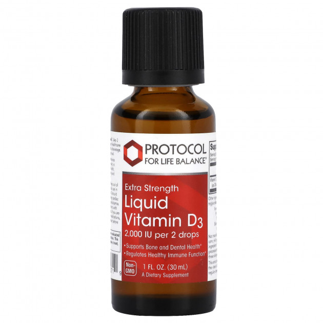 Вітамін D3, Liquid Vitamin D3, Protocol for Life Balance, підвищена сила, 2000 МО, 30 мл
