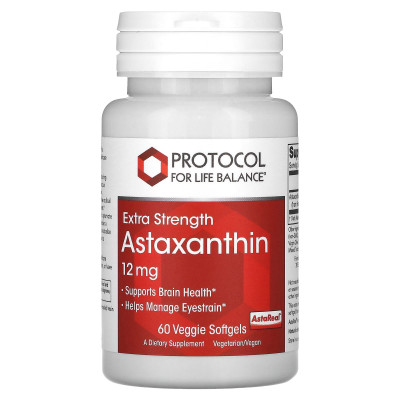 Астаксантин, Astaxanthin, Protocol for Life Balance, підвищена сила, 12 мг, 60 рослинних гелевих капсул
