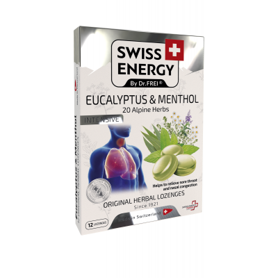Льодяники від застуди, Herbal Lozenges Blister 20 herbs + Eucalyptus and Menthol, Swiss Energy, від кашлю, болю в горлі та закладеності носа, 20 альпійських трав, ментол та евкаліпт, 12 трав'яних льодяників