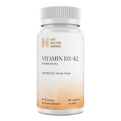 Вітамін D3+K2, Vitamin D3+K2, My Nutri Week, 1000 МО/50 мкг, 120 капсул