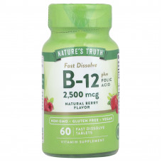 Вітамін B-12 плюс фолієва кислота, Vitamin B-12, Nature's Truth, смак ягід, 2500 мкг, 60 швидкорозчинних таблеток