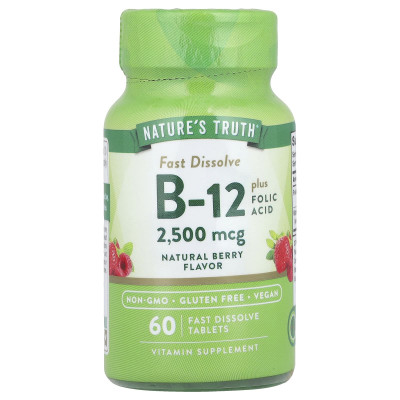 Вітамін B-12 плюс фолієва кислота, Vitamin B-12, Nature's Truth, смак ягід, 2500 мкг, 60 швидкорозчинних таблеток