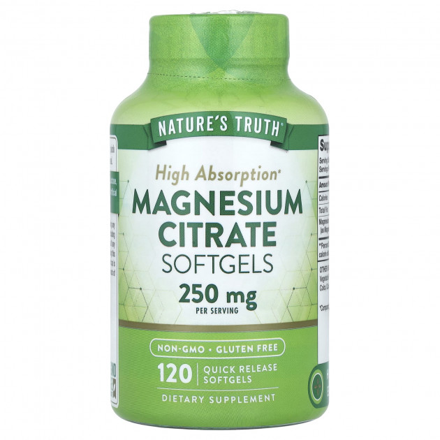Магній цитрат, Magnesium Citrate, Nature's Truth, 250 мг, 120 гелевих капсул швидкого вивільнення (125 мг в гелевій капсулі)