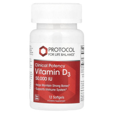 Вітамін D3, Vitamin D3, Protocol for Life Balance, клінічна сила, 50 000 МО, 12 гелевих капсул