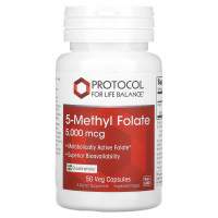5-метил-фолат, 5-Methyl Folate, Protocol for Life Balance, 5000 мкг, 50 рослинних капсул