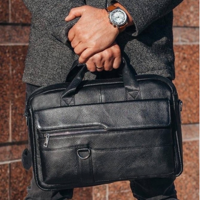 Кожаный мужской портфель для документов и ноутбука 39x28x8, сумка папка деловая MK39848 черная