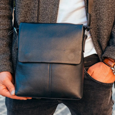 Мужской классический мессенджер 23х26х6, барсетка через плечо кожаный Tiding Bag 2862 черный