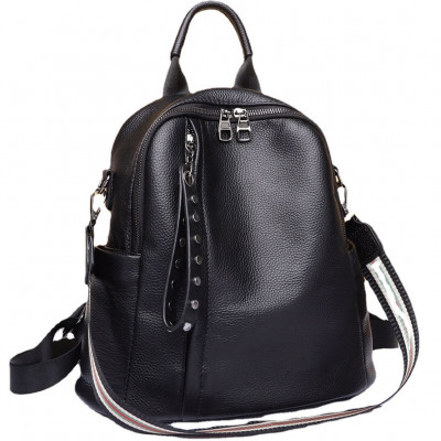Кожаный классический женский рюкзак 26х32х15, плечевая сумка со многими отделениями, черная