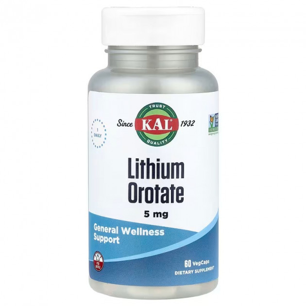 Літій, Lithium Orotate, KAL, 5 мг, 60 вегетаріанських капсул