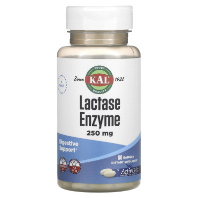 Фермент лактази, Lactase Enzyme, KAL, 250 мг, 60 капсул