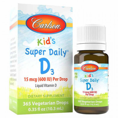 Вітамін D3, Kid's Super Daily D3, Carlson, для дітей, 15 мкг (600 МО), 10,3 мл
