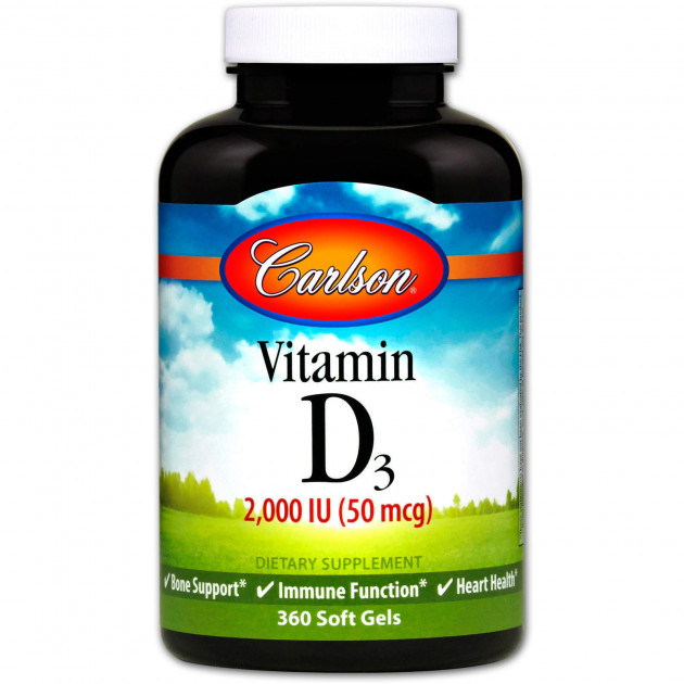 Вітамін D3, Vitamin D3, Carlson, 2000 МО (50 мкг), 360 гелевих капсул