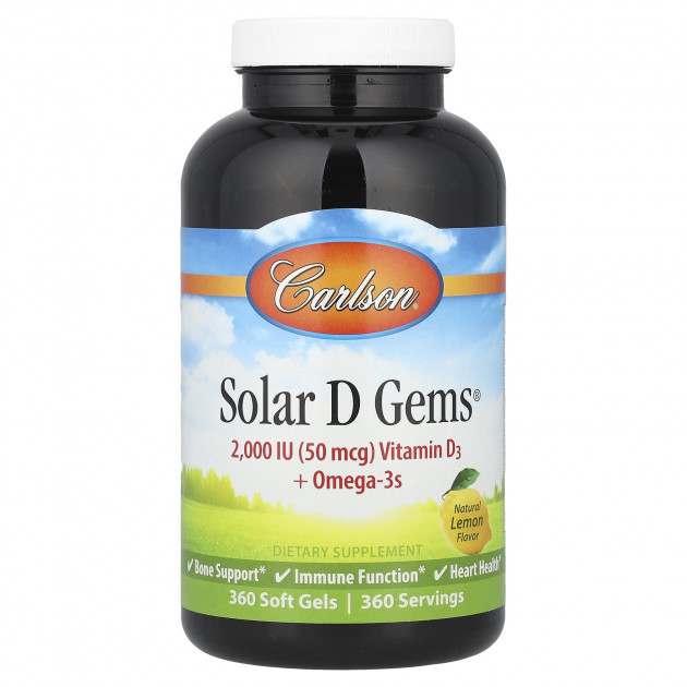 Вітамін D3+ Омега-3, Solar D Gems, Carlson, смак лимона, 360 гелевих капсул