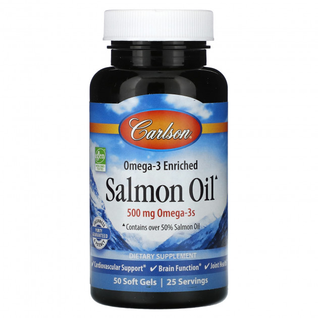 Олія лосося, Омега-3, Omega-3 Enriched Salmon Oil, Carlson, норвезька, 250 мг, 50 гелевих капсул