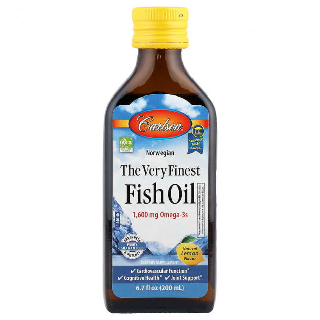 Риб'ячий жир вищої якості, The Very Finest Fish Oil, Carlson, норвезький, лимон, 1600 мг, 200 мл