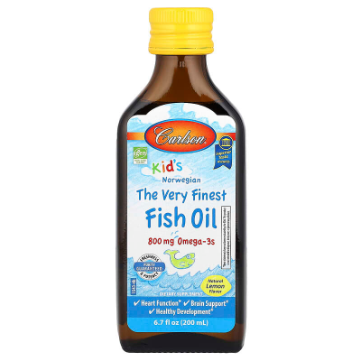 Риб'ячий жир для дітей, Fish Oil, Carlson, норвезький, зі смаком лимона, 800 мг, 200 мл