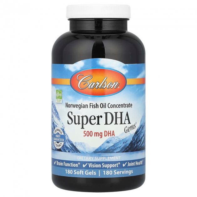 Риб'ячий жир, Super-DHA Gems, Carlson, 500 мг, 180 гелевих капсул
