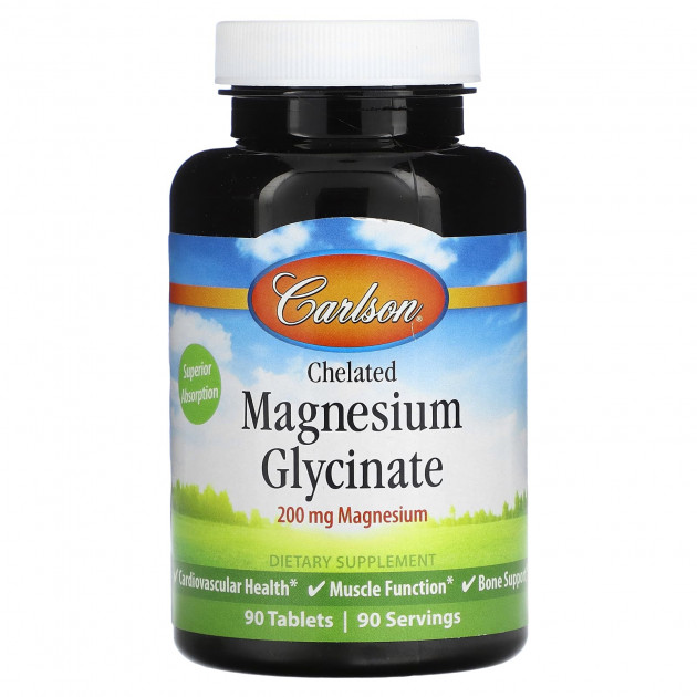 Магній гліцинат хелат, Chelated Magnesium Glycinate, Carlson, 200 мг, 90 таблеток