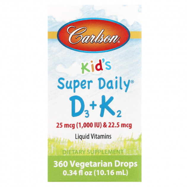 Вітамін D3 і вітамін К-2, для дітей, Super Daily D3 + K2, Carlson, рідина, 25 мкг (1000 МО) і 22,5 мкг, 10,16 мл