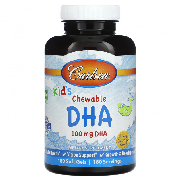 Риб'ячий жир для дітей, Kids Chewable DHA, Carlson, апельсин, 100 мг, 180 жувальних гелевих капсул