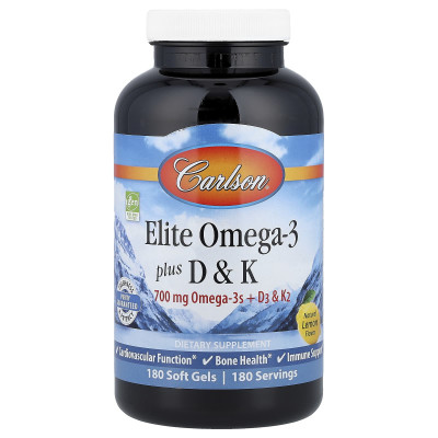 Омега 3 + вітамін D3 та вітамін К, Elite Omega-3 Plus D&K, Carlson, натуральний лимон, 180 гелевих капсул