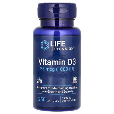 Вітамін D3, Vitamin D3, Life Extension, 25 мкг (1000 МО), 250 гелевих капсул