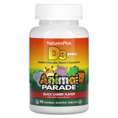 Вітамін D-3, Vitamin D3, Nature's Plus, Animal Parade, смак чорної вишні, 12,5 мкг (500 МО), 90 жувальних таблеток у формі тварин