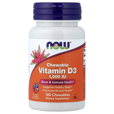 Вітамін D-3, Vitamin D-3, Now Foods, смак фруктів, 1000 МО, 180 жувальних таблеток