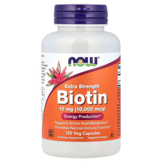 Біотин, Biotin, Now Foods, підвищена міцність, 10 мг (10000 мкг), 120 вегетаріанских капсул