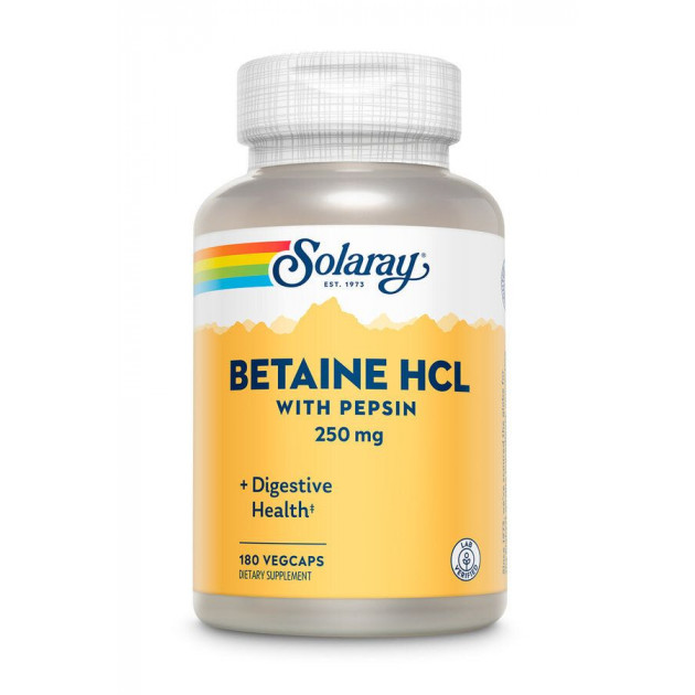Бетаїн HCl + пепсин, HCL with Pepsin, Solaray, 250 мг, 180 капсул