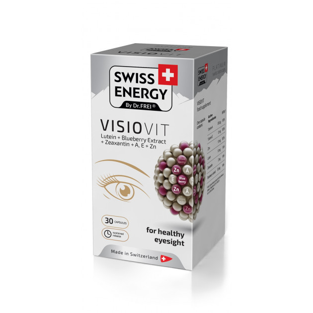 Підтримка зору та здоров'я очей, VISIOVIT Lutein+Blueberry+Extract+Zeaxanthin+AE+Zn, Swiss Energy, вітаміни, мінерали та каротиноїди, 30 капсул