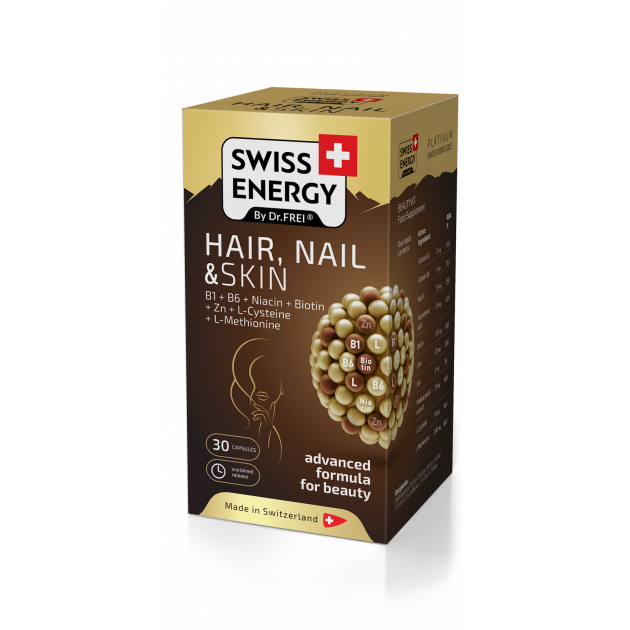 Здоров'я шкіри, волосся та нігтів, HAIR, NAIL & SKIN B1+B6+Niacin+Biotin+Zn+L-Cys+L-Met, Swiss Energy, 30 капсул