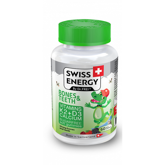 Здоров'я кісток та зубів, для дітей від 3 років, BONES & TEETH Vitamins K2, D3, Calcium, Swiss Energy, без цукру, 60 жувальних цукерок