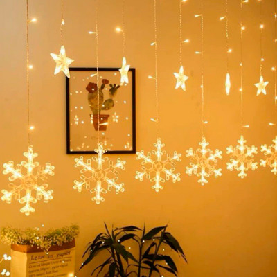 Новогодняя светодиодная гирлянда штора 3*1 метр Снежинка и звезда Теплый свет