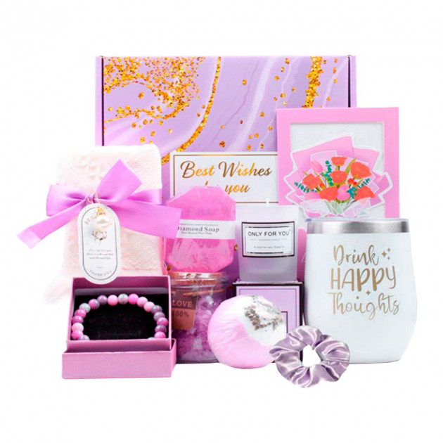 Подарочный набор Spa Gift Basket Set 01 8 предметов термостакан мыло бомбочка соль для ванны ароматическая свеча открытка резинка браслет Violet