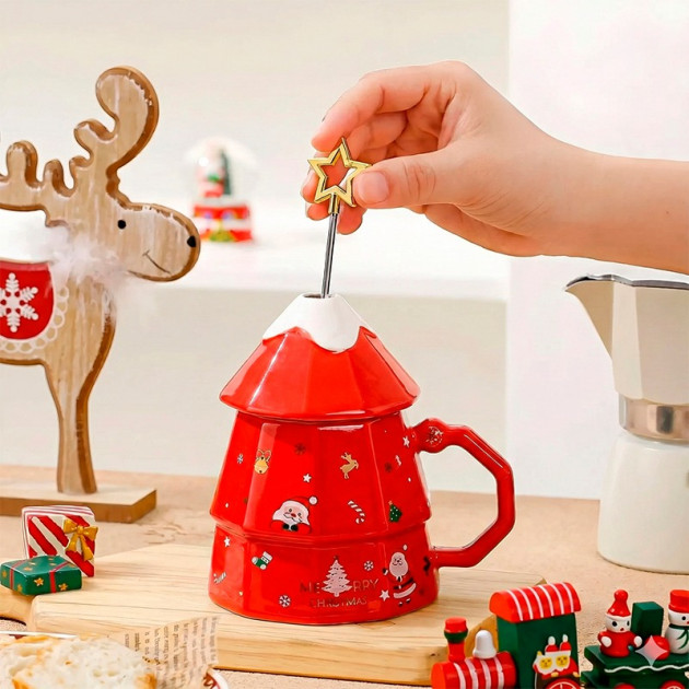 Рождественская чашка "Merry Christmass" Елка кружка в форме новогодней елки в подарочной упаковке Red